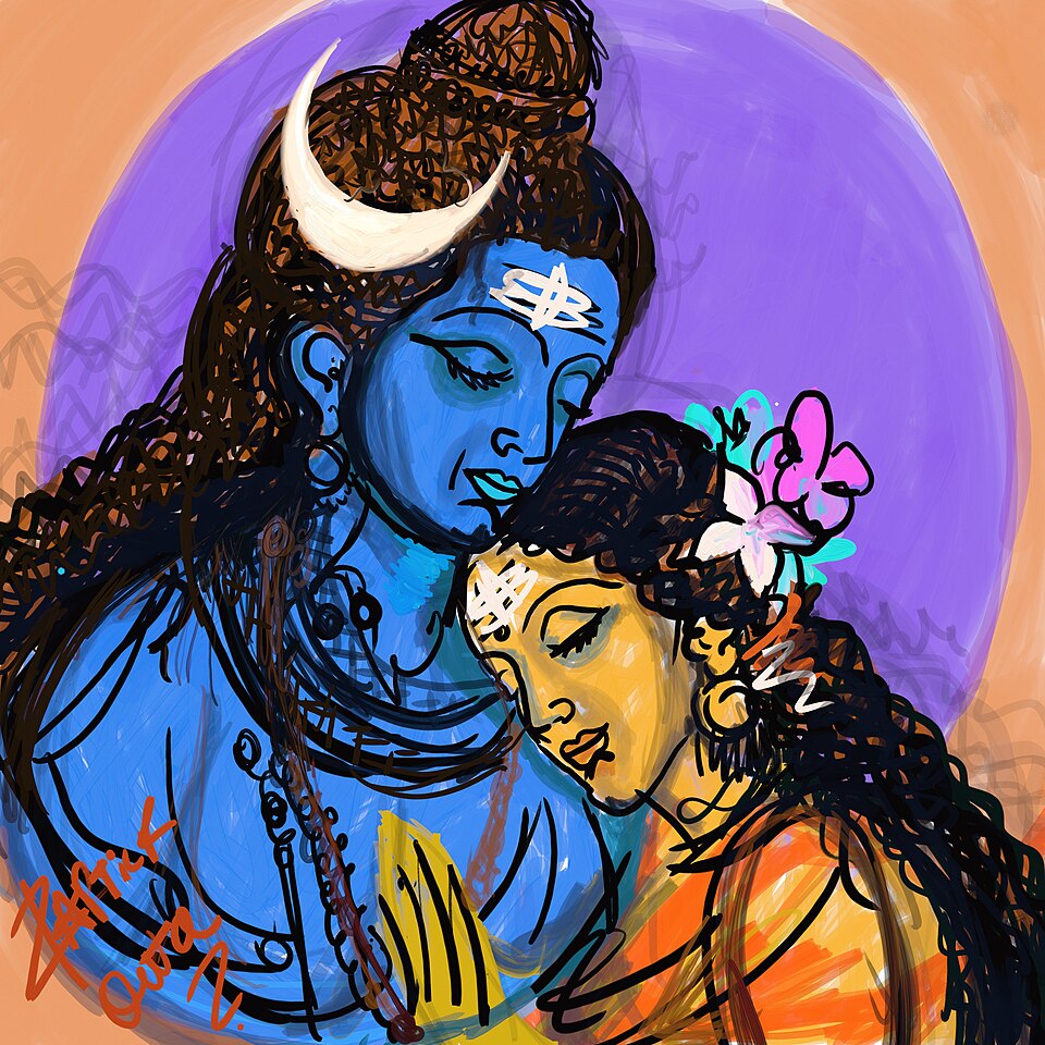 Lord Shiva And Goddess Parvati Semi Abstract Figurative Painting by kartick dutta