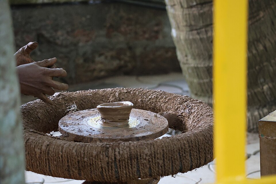 A potter shaping clay on a wheel in India: an illustrative image of action and its effects