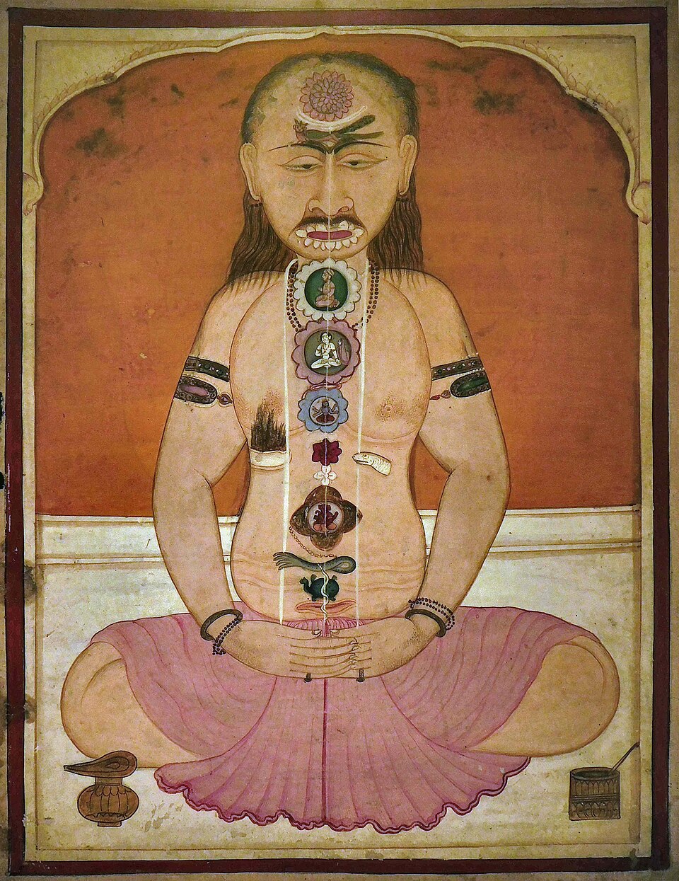 A manuscript painting of a yogin with subtle-body centres and channels; a traditional representation, not an anatomical scan