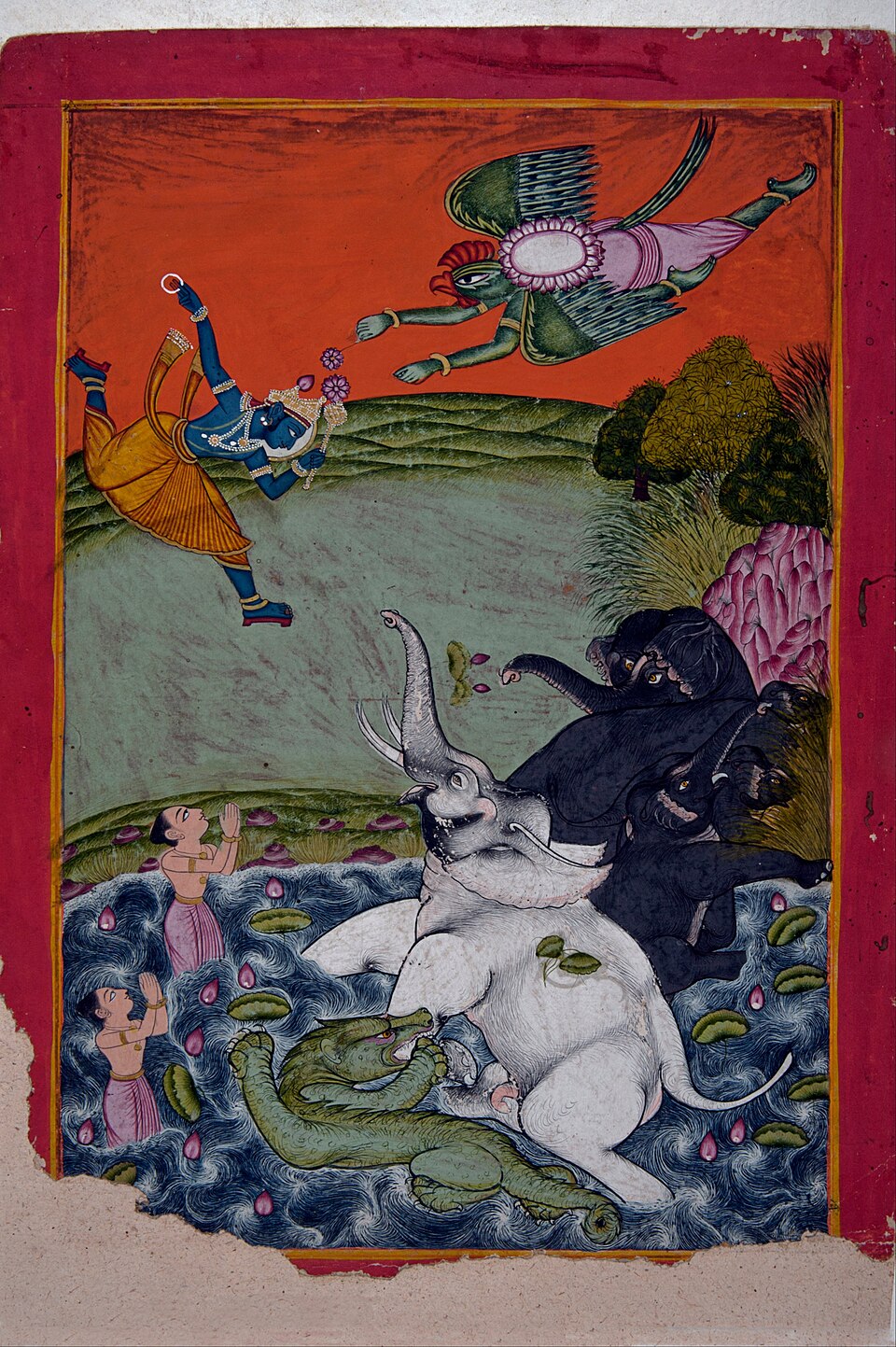Gajendra Moksha represented in a historical painting