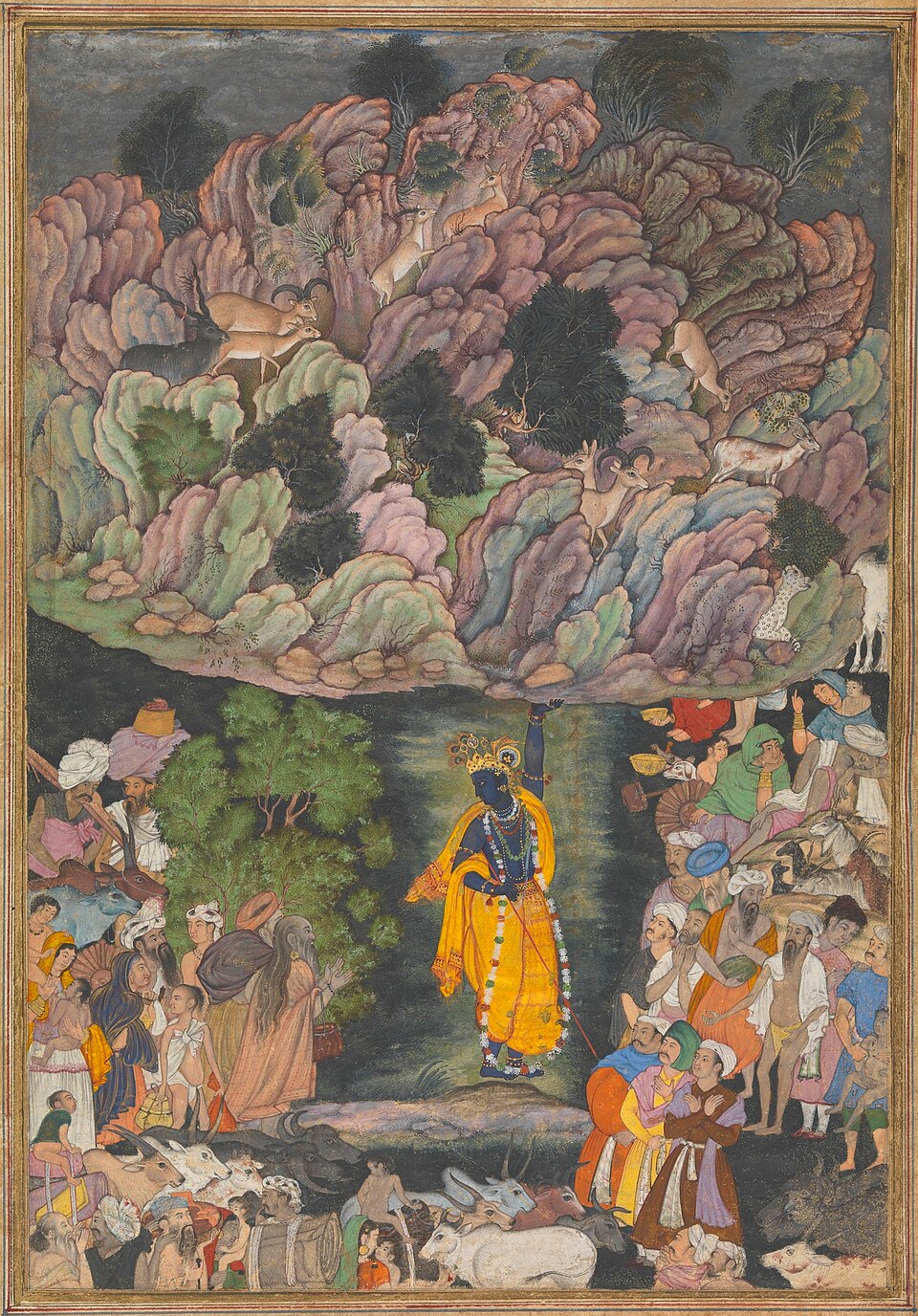 Krishna shelters the villagers beneath Govardhan, from an illustrated Harivamsa, circa 1590–95