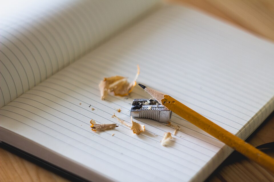 A pencil and shavings on a notebook; a simple illustration of keeping notes