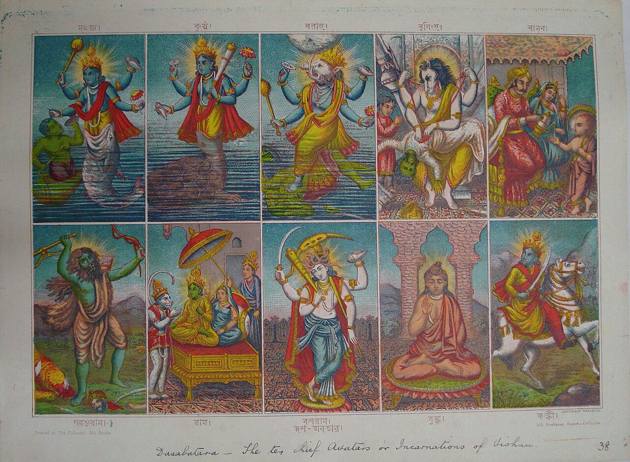 Historical Dashavatara print, Calcutta Art Studio, 1895. The lower row includes the plough-bearing Balarama; this artwork follows a different selection from the Krishna-inclusive list discussed below. Original image labels are in Bengali.