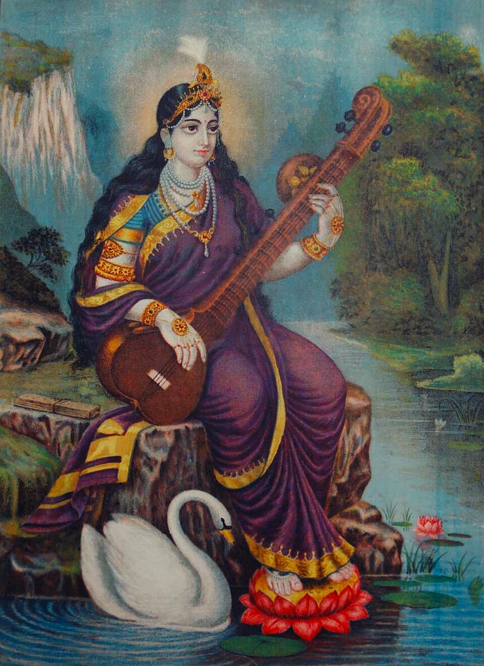 Saraswati with a hamsa in a historical painting dated 1895 by its source.