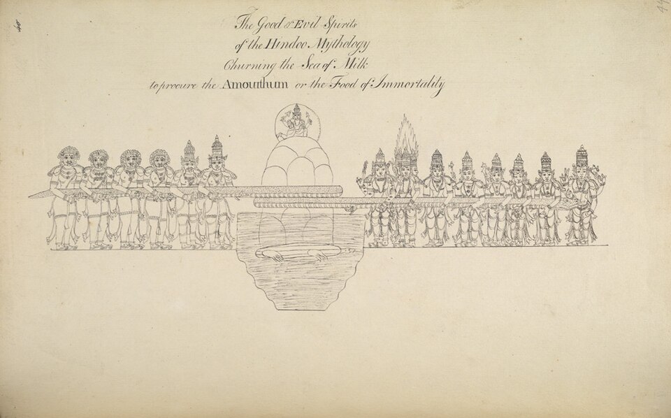 An 1801 drawing of the churning narrative represented at the Meenakshi Temple in Madurai
