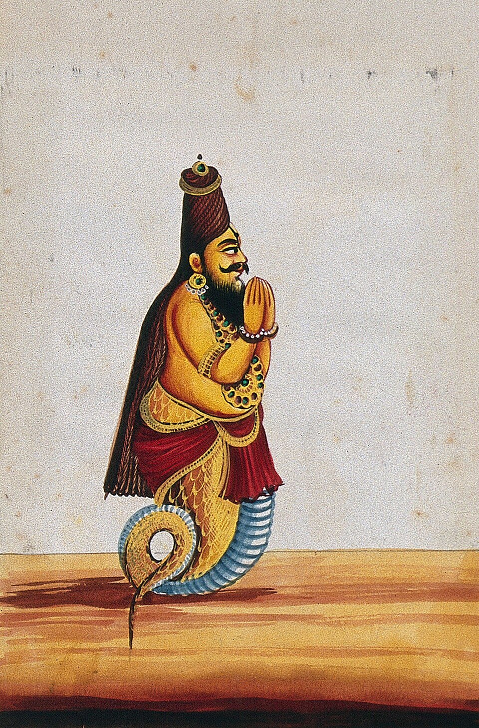 A historical painting representing Patanjali with a human upper body and serpent-like lower form