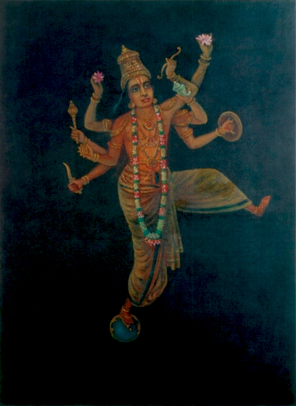 A devotional image of Durga attributed to Raja Ravi Varma; this illustrates the Goddess, not a complete Navadurga sequence