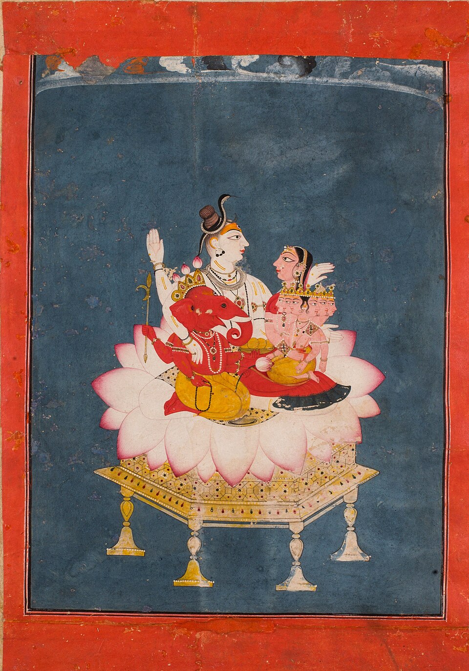 Shiva, Parvati, Ganesha and Kartikeya in a divine-family painting; this is not a depiction of the race itself