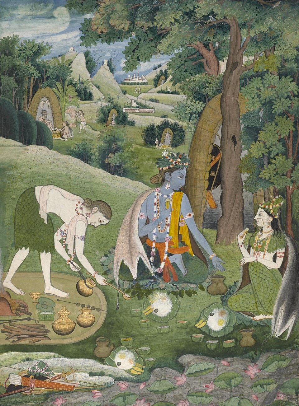 Rama, Sita, Lakshmana in exile in forest having a meal, pahari painting