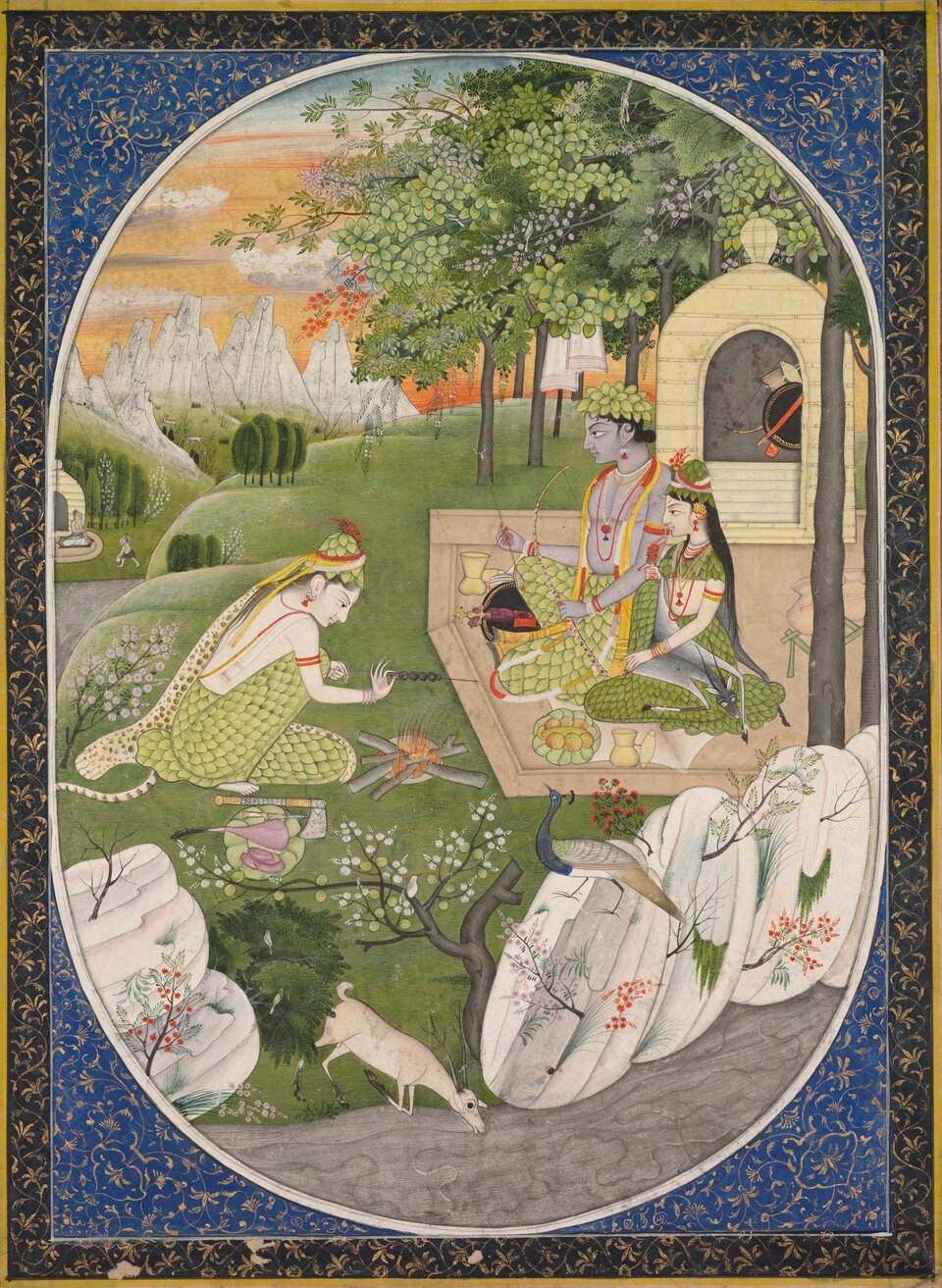 Rama, Sita and Lakshmana in the forest: nineteenth-century Kangra-school artwork, Cleveland Museum of Art, 1989.332.